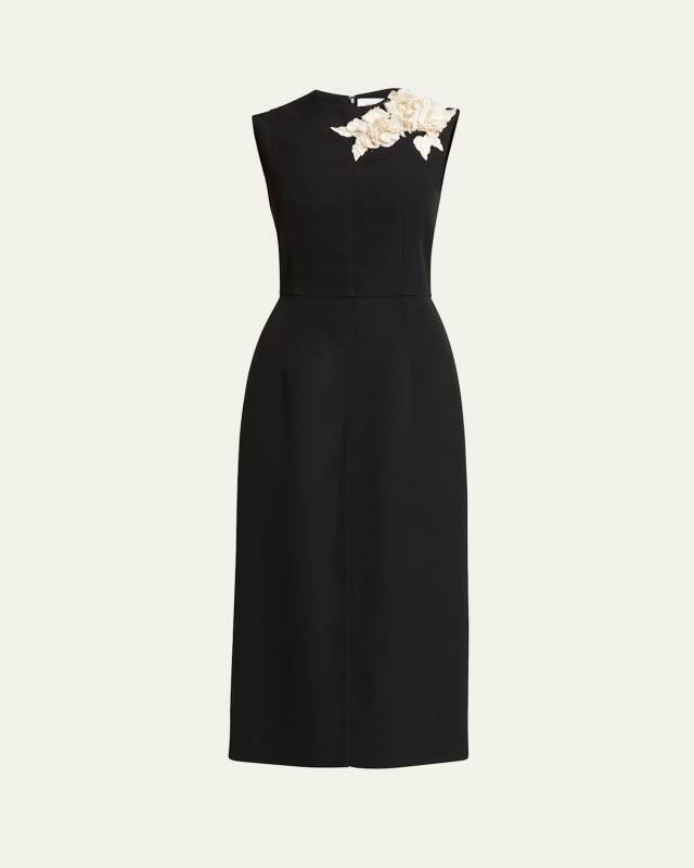 3D Floral Applique Wool Midi Dress